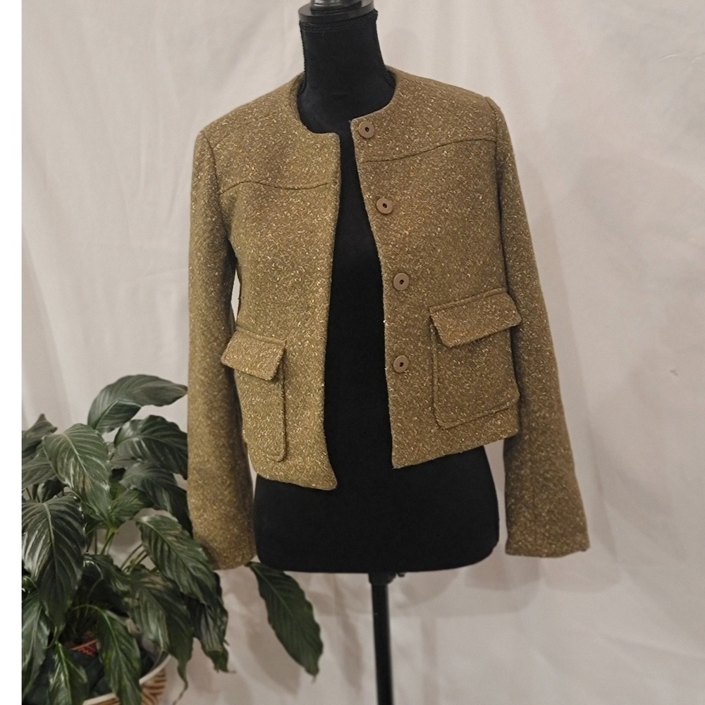 A New Day Gold Metallic Tweed Cropped Jacket Womens 2 Olive Green Shimmer Button